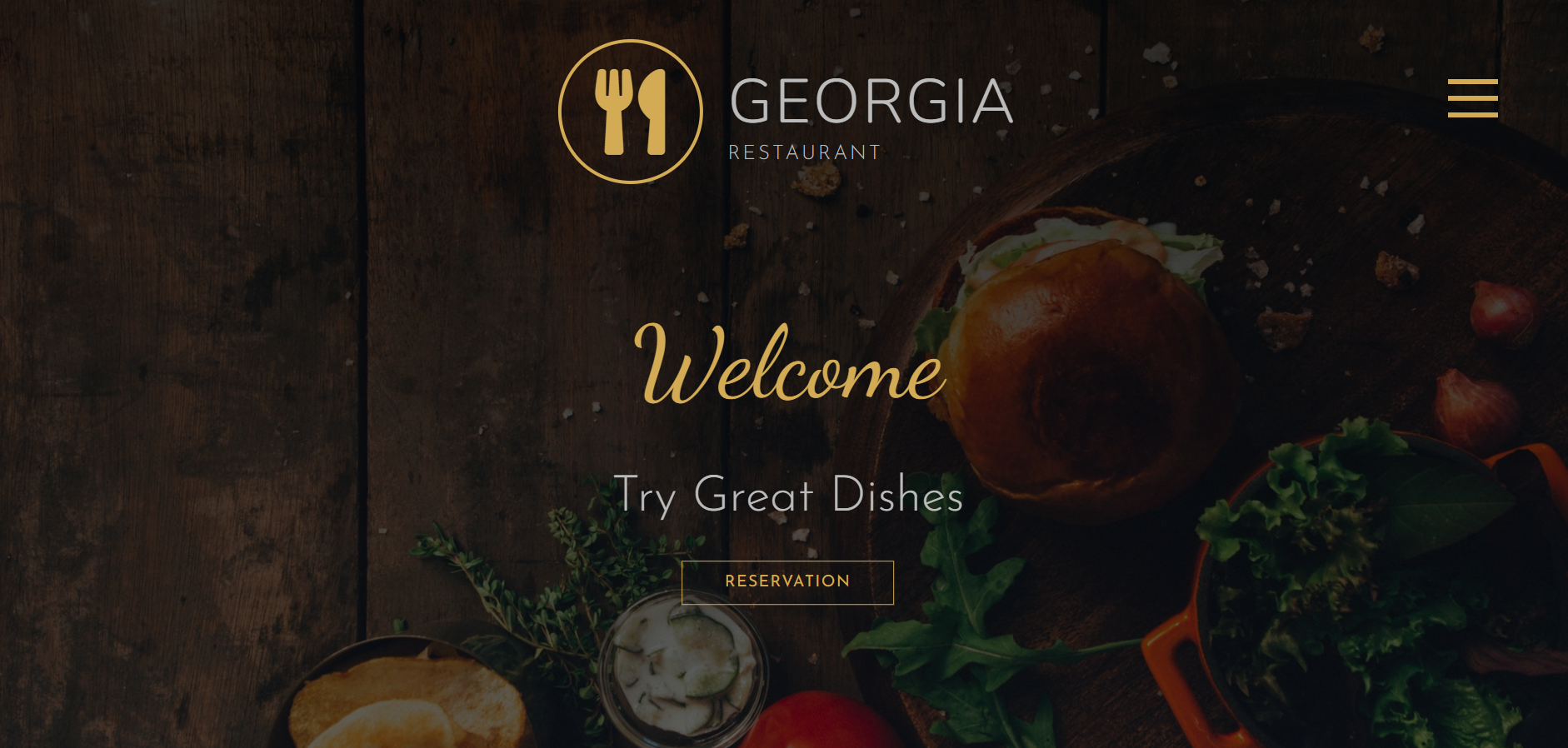 Print da homepage do site. Um fundo com uma foto de uma mesa com hambúrguer e uma salada. Soprebosto está escrito Georgia Restaurant. Welcome. Try Great Dishes. Reservation.
